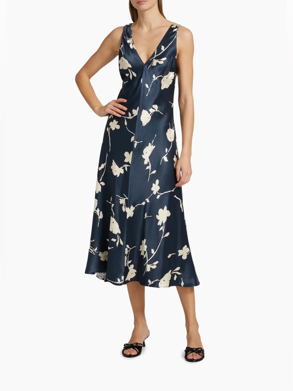 Rails Camellia Floral Satin Midi-Dress Size XXS black V-neck Sheath